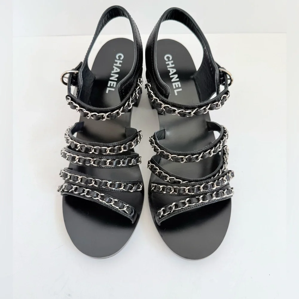 Chanel 20C Chain Strap Sandals Black Calfskin Silver Chain Heel Sandals EU 39.5